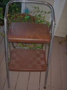 Vintage Cosco Step Stool Chair Brawn Vinyl and Chrome Flip Up Seat