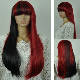 New Women Black Red Mixed Lady Cosplay Party Long Straight Synthetic Hair Wig