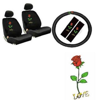 9pc Red Rose Love Front Bucket Car Seat Cover Set Steering Wheel Seat Belt Pads
