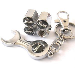 4 x Wheel Tyre Tire Valve Stems Air Dust Covers Caps Wrench Keychain for Jeep
