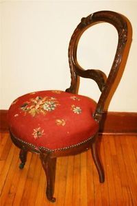 Antique Victorian Parlor Chair Wood Red Needle Point Ornate Wooden Revival Carve