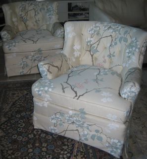 Two Drexel Heritage Upholstered Chairs Japanese Branches 1980's Swivel