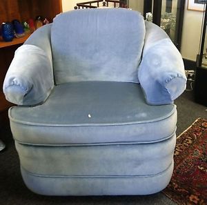 Slyter Magnuson Blue Velvet Upholstered Barrel Rocking Swivel Chairs Pair