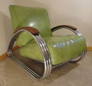 Vintage KEM Weber Triple Chrome Avocado Green Art Deco Chair 100 Original K E M