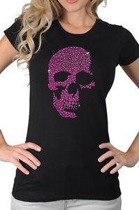 Women's Cute Goth Neon Pink Rhinestone Jeweled Skull Gothic Skeleton T Shirt