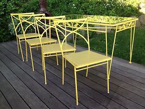 Vtg Mid Century Wrought Iron Patio Set Modern Dining Table Chairs Hairpin Legs