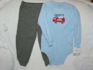 Carter's Infant Boys 2 Piece Bodysuit Pants Fire Truck Blue Outfit 24 Months