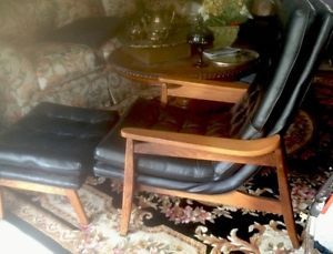 Mid Century Danish Highback Leather Lounge Chair Ottoman Tufted Milo Baughman