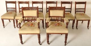 8 Antique American Victorian Eastlake Walnut Dining Armchairs Needlepoint 1880