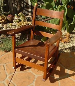 Antique L JG Stickley Mission Oak Arts Crafts Rocker Rocking Chair Leather