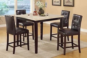 5pc Counter Height Pub Dining Set Faux Marble Table w Faux Leather High Chairs