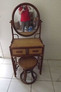 Vintage Rattan Bamboo Mirror Vanity Table Seat Chair Set