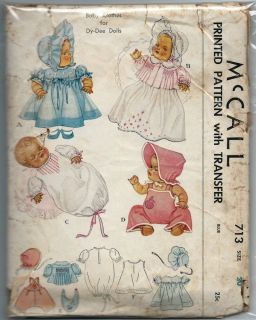 30s Vintage Sewing Pattern McCall 713 DY Dee Doll Baby Clothes Collectible Craft