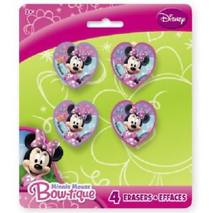 4 Minnie Mouse Bow tique Heart Shaped Erasers Party Favors Birthday Supply