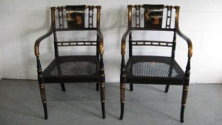 Pair Maitland Smith Rubbed Black Lacquer Gilded Gold Hand Painted Arm Chairs