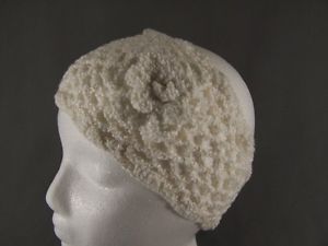 Cream White Flower Ear Warmer Muff Knit Head Wrap Hat Headband Crochet 5" Wide