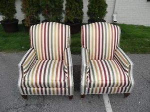 Pair of Baker European Club Chairs Silk Stripe Fabric Brand New