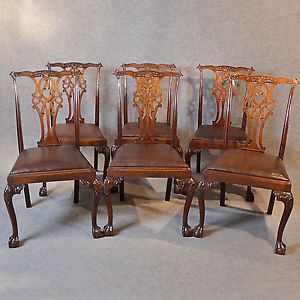 Antique Set 6 Dining Chairs Victorian Chippendale Revival English Leather C1880