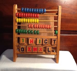 Vintage Wooden Abacus Toy Alphabet Block Letters Math Educational