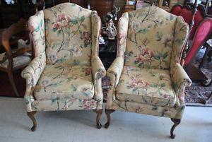 Set of 2 Wingback Queen Anne Arm Chairs Floral Fabric Semi Ugly