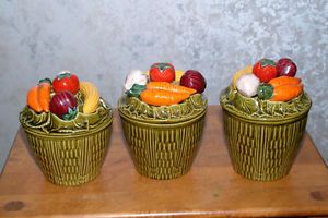 Set 3 Vintage Large Heavy Ceramic Canisters Colorful Vegetables Stunning USA