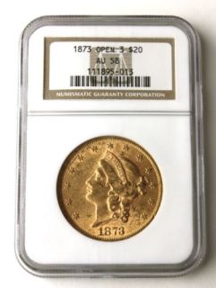 1873 Liberty Head Double Eagle Gold Coin AU 58 Open 3 $20 Twenty D Dollar US