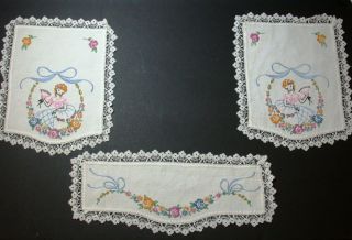 3 PC Vintage "Scarlet O'Hara" Southern Bell Embroidered Lace Doily Chair Set