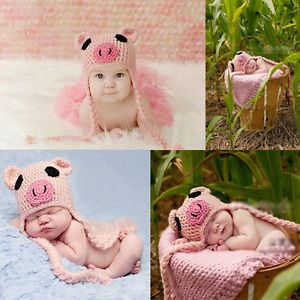 Baby Newborn Infant Pink Pig Hat Knit Crochet Clothes Outfit Photo Prop CA4013