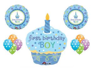 1st First Happy Birthday Boy Cupcake Candle Polka Dot Balloon Set Party Supplies