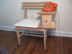 Mid Century Wood Telephone Gossip Bench Phone Table Chair Retro Eames Vtg