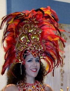 Brazilian Carnival Bikini Costume for Samba Show Girl Dancer Large Hat Feathers