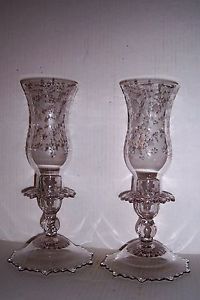 Vintage Cambridge Glass Hurricane Lamps Martha Base w Chantilly Globes Pair