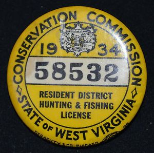 1934 West Virginia Resident Hunting Fishing License Badge