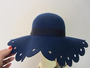 Navy Scalloped Wide Brim Floppy Wool Felt Hat with Grosgrain Ribbon Band