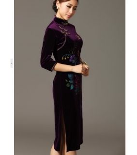 Chinese Women's Handmade Print Mini Dress Cheongsam Purple 6 8 10 12 14