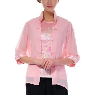 Pink White Chinese Women's Silk Shirt Top Blouse Twinset Sz M L XL XXL XXXL