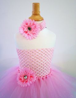 Baby Girls Tutu Dress Skirt Pink Glitter Flower Headband Tropical Infant Size 6