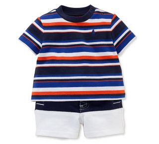 Ralph Lauren Baby Boy Designer Clothes 2 Piece Set Navy Stripes 3 6 9 Months