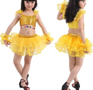 New Girls Party Sequins Latin Ballet Costume Dance Dress Set 3 8Y Clothes DS009