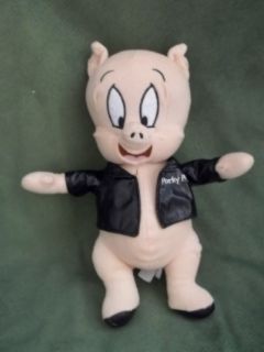 Looney Tunes Stuffed Plush Porky Pig in Black Leather Jacket 14" Animal Doll Toy
