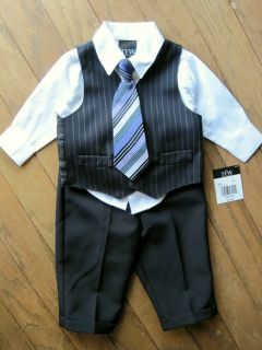 Baby Boys Navy Blue Suit White Shirt Pants Vest Tie 4 PC Set Size 12 24 mos TFW