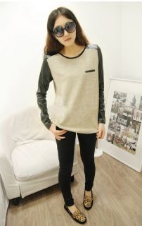 New Womens Korea Fashion Faux Leather Long Sleeve Splicing Cotton Shirt E360