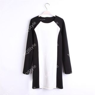 Womens Fashion White Black Splice Long Sleeve Crewneck Bodycon Dress B3239