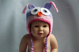 Cute Handmade Baby Toddler Owl Hat Beanie New Purple Pink 2 3Year Photo Prop