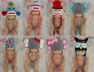 Newborn Baby Boy Girl Owls Monkey Elephant Knit Crochet Hat Photograph Prop Cute