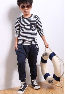 Kids Boys Girls Stripe Navy Style T Shirt Harem Pants Sets Suits Outfits 2pcs