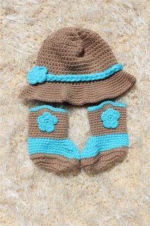 New Handmade Knit Crochet Pink Brown Cowboy Baby Hats Boots Newborn Photo Prop