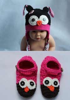 Handmade Knit Crochet Pink Black Owl Baby Hats Shoes Nappy Newborn Photo Prop