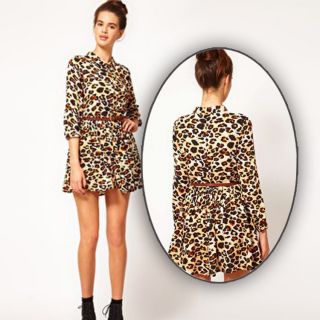 New Womens European Fashion Wild Sexy Leopard Print Long Sleeve Belt Dress B1054