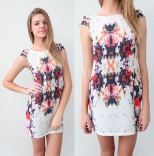 Pink Cap Sleeves Symmetrical Floral Mirror Prints Bodycon Dress 6 8 10 12 14